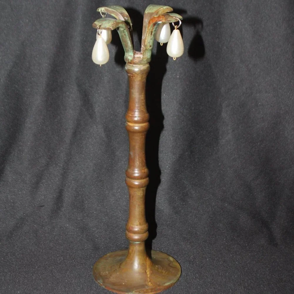Brass Taper Candlestick w/Patina and Teardrop Pearls